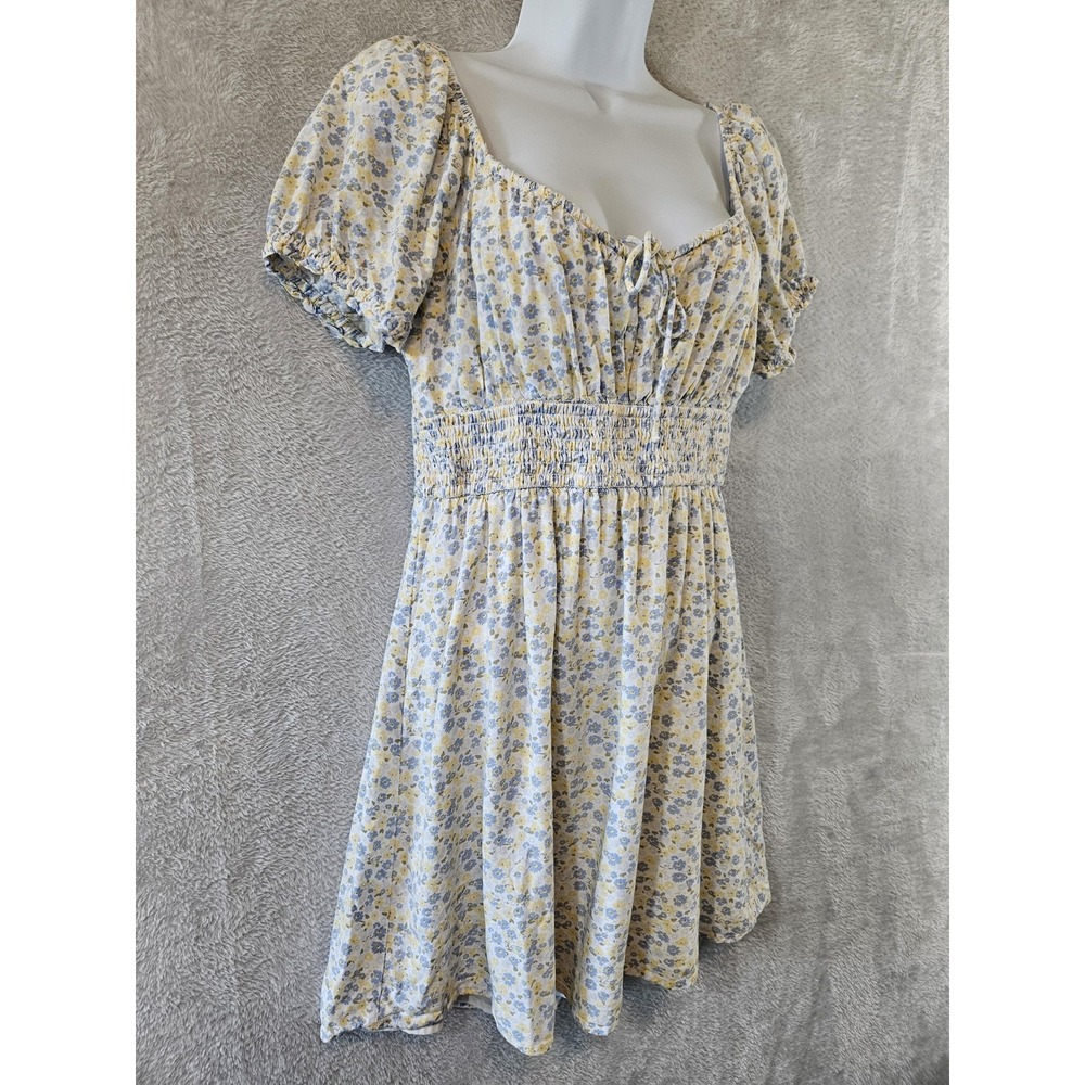 Hollister Dress Womens Large Light Blue Yellow Ditsy Floral Milkmaid Lined Mini - Picture 6 of 15